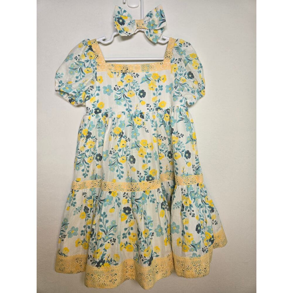 Joi Yellow And Blue Floral Sundress With Tiered Ruffle And Puff Sleeves. Size 4t